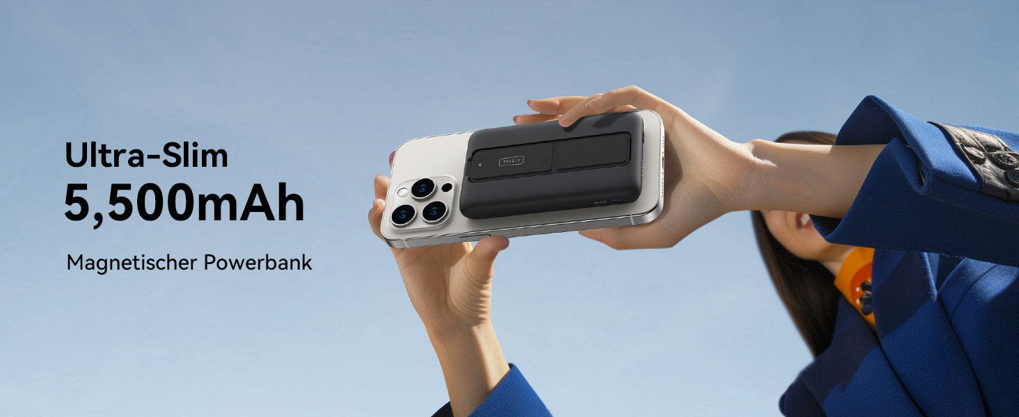 Power Bank INIU 5500mAh 20W з USB-C (вхід/вихід), магнітний акумулятор з підставкою для iPhone 16/15/14/13/12 Pro Max Mini, чорний