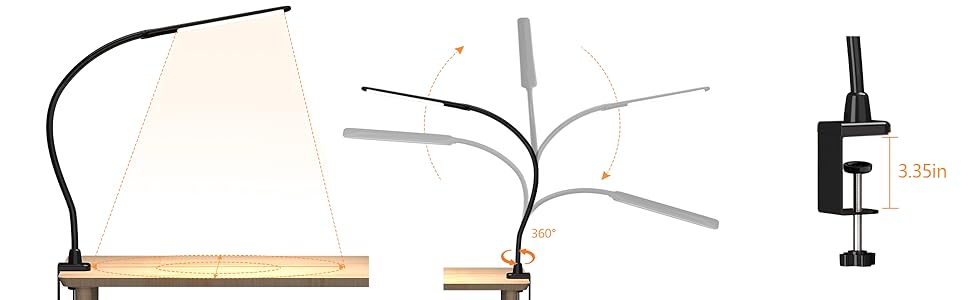 Настільна лампа HOKONE LED з клемою, димер, 4 кольори, 10 рівнів яскравості, гнусий «лебединий шия», 360° регулювання, для офісу, чорна T7-schwarz