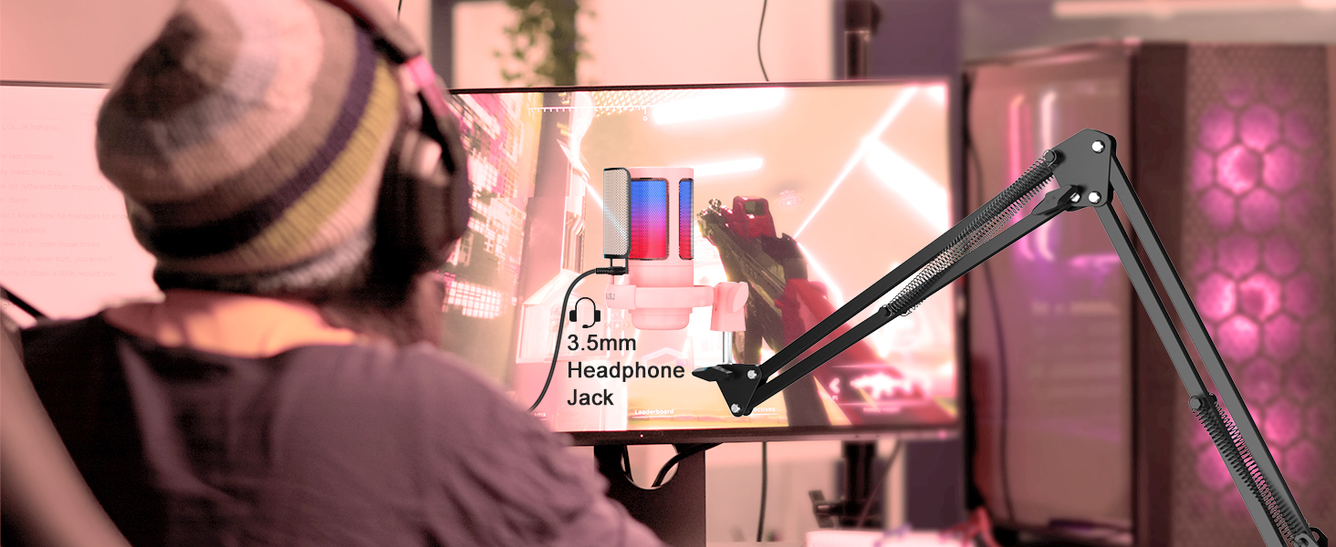 Мікрофон для ПК NJSJ Gaming з тримачем, USB мікрофон для MAC PS4 PS5, рожевий. З кнопкою вимкнення звуку, навушниками, поп-фільтром. Конденсаторний мікрофон для стрімінгу та подкастів