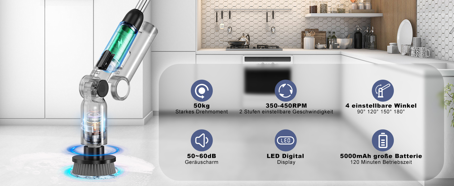 Electric Cleaning Brush, [Folding Version] Homtronics Electric Scrub Brush, Adjustable Long Handle, Electric Spin Scrubber Cordless with 8 Drill Brush Heads for Bathroom Kitchen Car, (White)