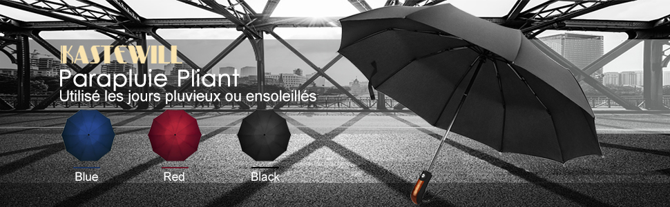 Зонт Kastewill: жіночий та чоловічий, компактний, штормостійкий, автоматичний, з 10-ю металевою основою, тефлонове покриття, чорний
