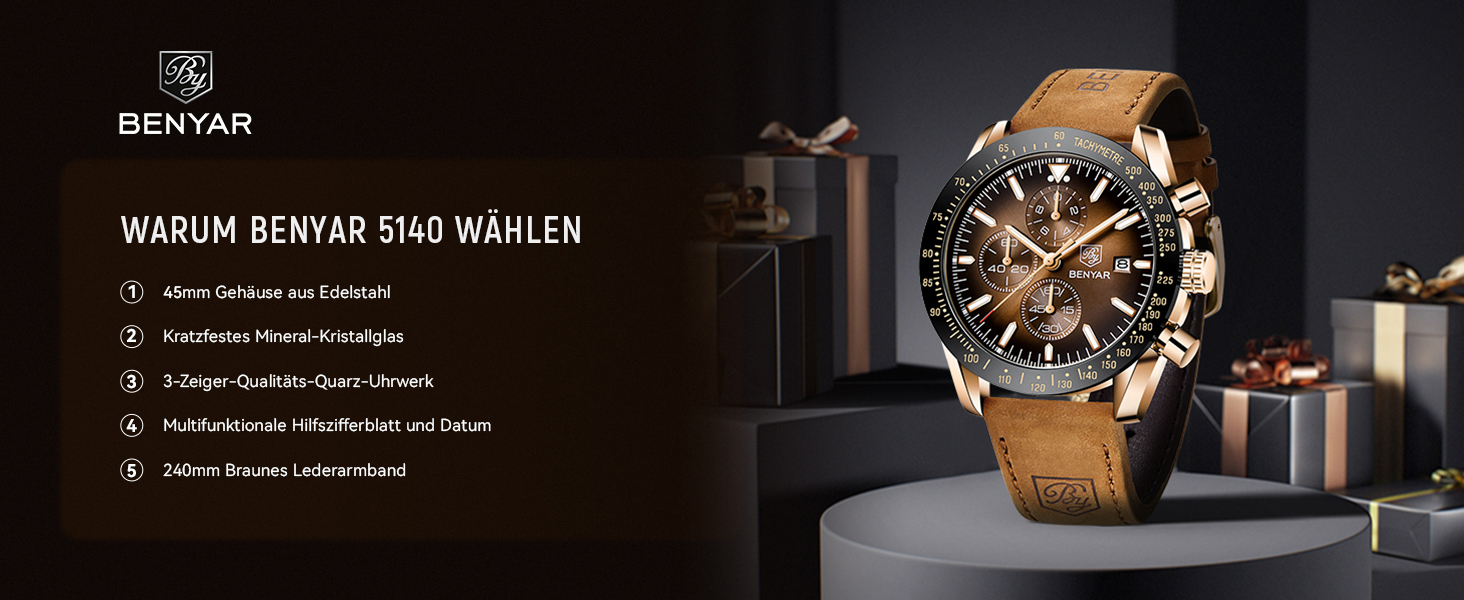 Годинник чоловічий BENYAR Quarz Chronograph з датою, водонепроникний, браслет, стильний, для повсякденного та ділового стилю, коричневий/блакитний.