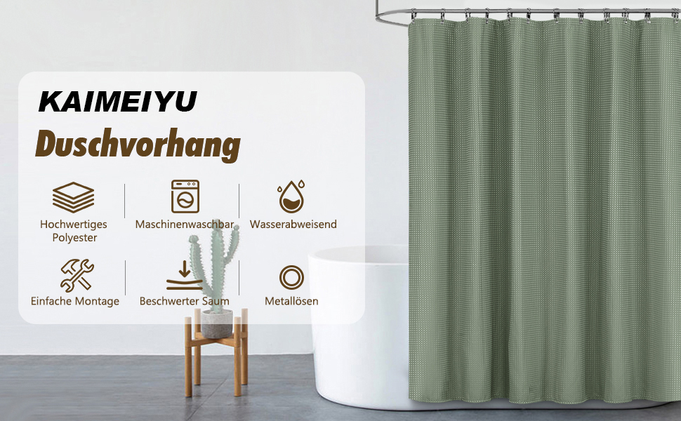 Штора для душу текстильна водонепроникна з поліестеру, 180x200 см, зелена, з кільцями (1 шт)