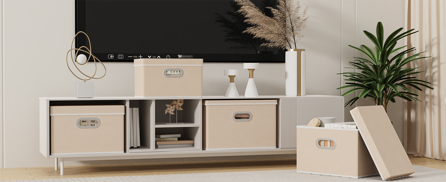 Yawinhe 3-Piece Storage Boxes with Lids, Foldable Fabric Box with Handles, Storage Boxes, for Bedroom, Clothes Storage, 32x23x20cm, SNK023G-3 (32x23x20cm/3-Pack, Beige)