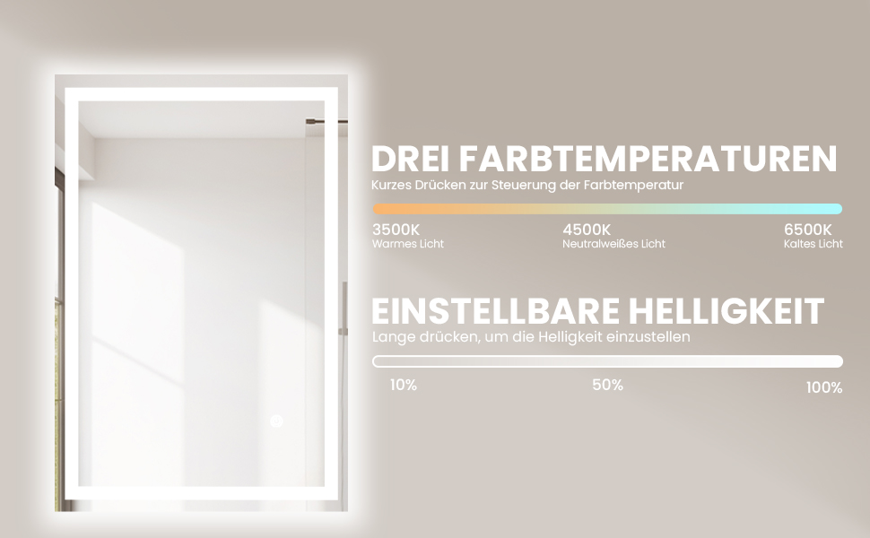 LED дзеркало для ванної кімнати 70x50 см з підсвічуванням | IP54, сенсорне керування, монтаж вертикально/горизонтально, 6500K