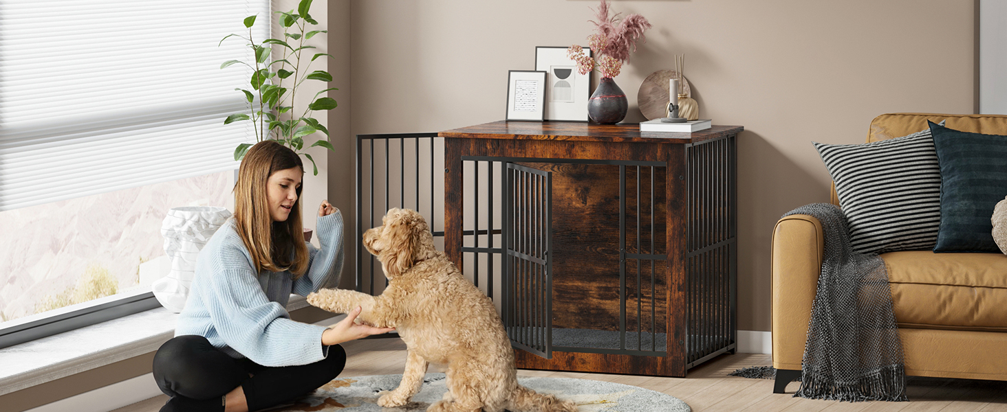 Клітка для собак велика дерев'яна з подвійними дверцятами, міцна собача будка для дому, знімний піддон, для малих, середніх та великих собак, 97,5 x 80,5 x 59 x 71,5 см