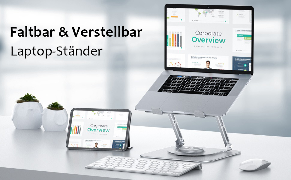 Підставка для ноутбука 360° з алюмінію, регульована висота, ергономічна, сумісна з MacBook/Dell/HP