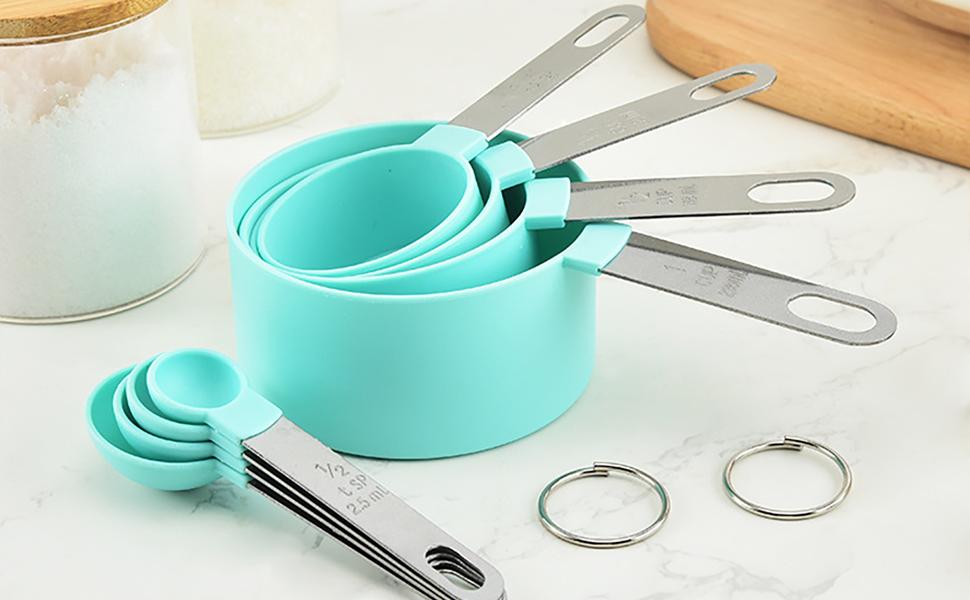 Набір мірних ложок та мірний стакан з нержавіючої сталі, 8 шт. - для рідин та твердих інгредієнтів, випічки, кулінарії (блакитно-зелений)