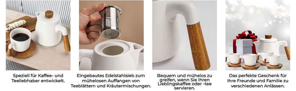 Набір для чаю Miamio: керамічний чайник 1 л з ситечком та 4 чашки (300 мл), бамбукові підставки