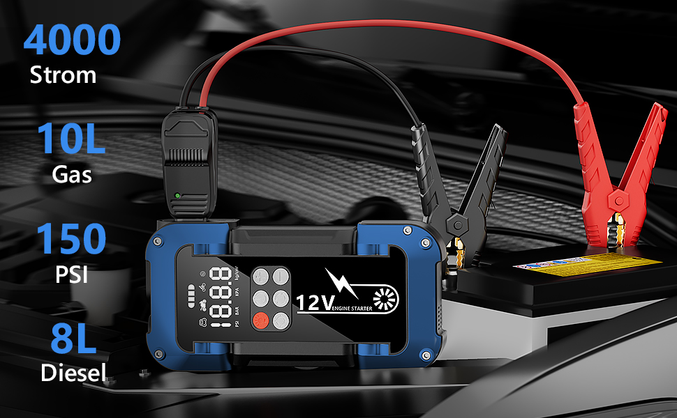 Powerbank Starthilfe 150PSI: портативний стартер для авто з компресором, 26800mAh, LED-ліхтар, LCD-дисплей