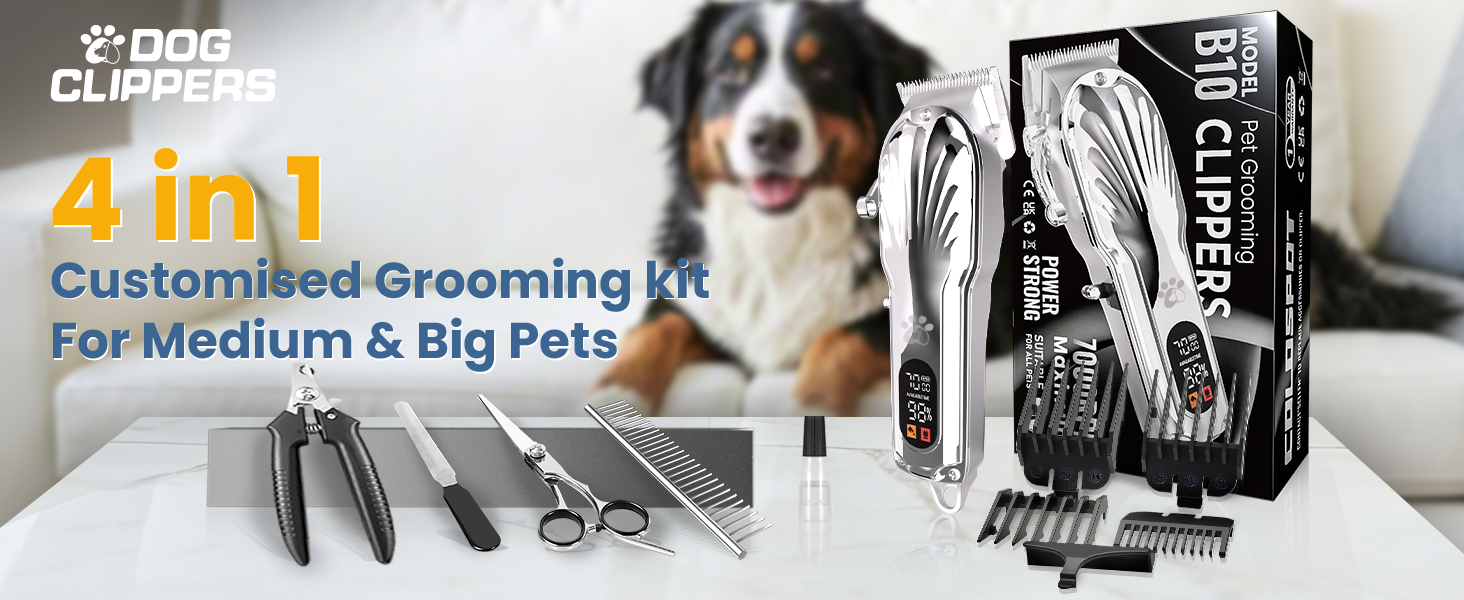 Професійна машинка для стрижки собак з товстим хутром, бездротова LED-машинка для грумінгу собак, тиха, акумуляторна, з набором для догляду за кігтями (срібна)