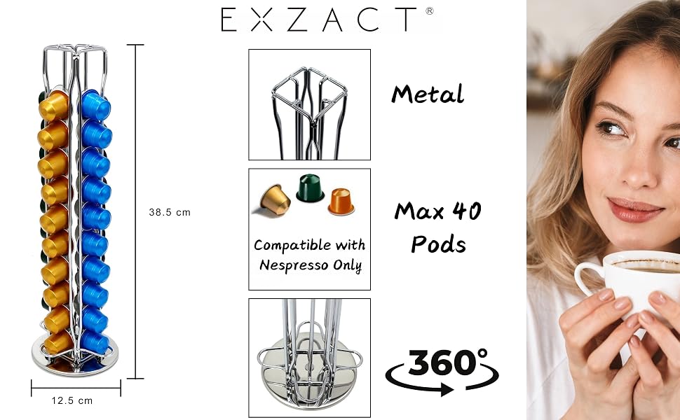 Органайзер для кавових капсул Exzact, сумісний з Nespresso (на 40 капсул) — обертовий підставний тримач для кавових капсул, протиковзкий, сріблястий