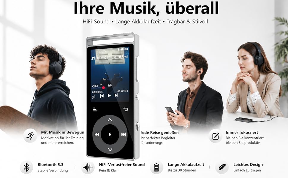 MP3 плеєр 90GB з Bluetooth 5.3 та HiFi звуком, сенсорним керуванням, кольоровим дисплеєм та FM-радіо, металевий корпус, підтримка карт пам'яті до 128GB, чорний/сріблястий