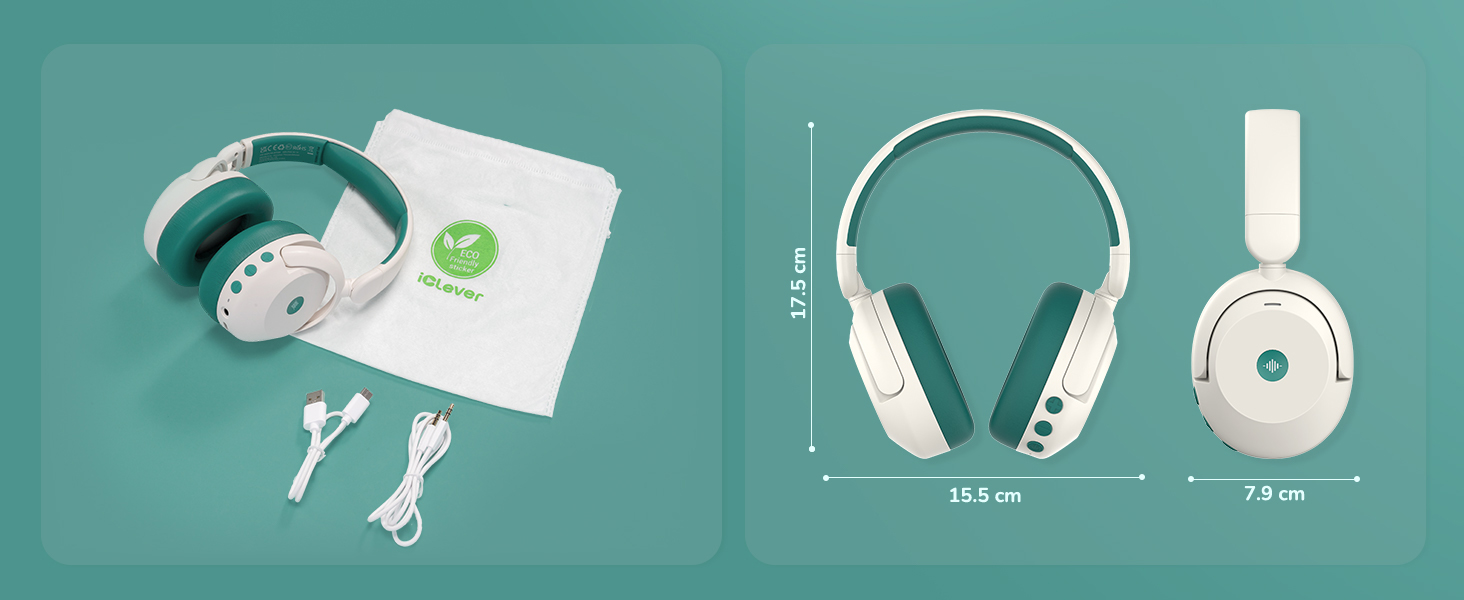 iClever Бездротові навушники з шумозаглушенням для дітей Bluetooth, 60 годин роботи, 80 дBA безпечний рівень гучності, зручна посадка, Bluetooth 5.4, AUX кабель для подорожей, білий/зелений