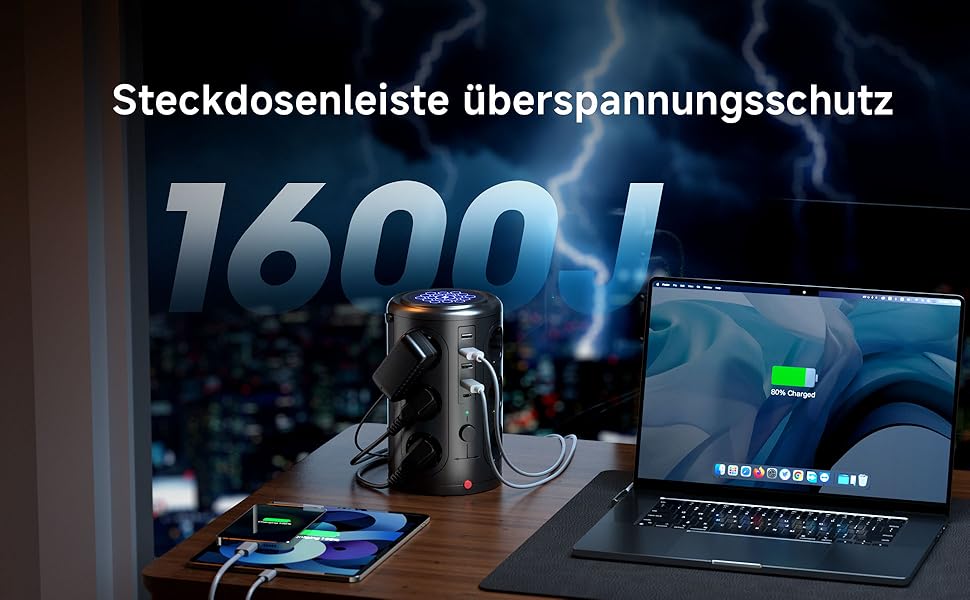 Багаторозеткова мережева панель Pluackg з 5 USB, 12 розеток, захистом від перенапруги, 2м кабелем, чорна