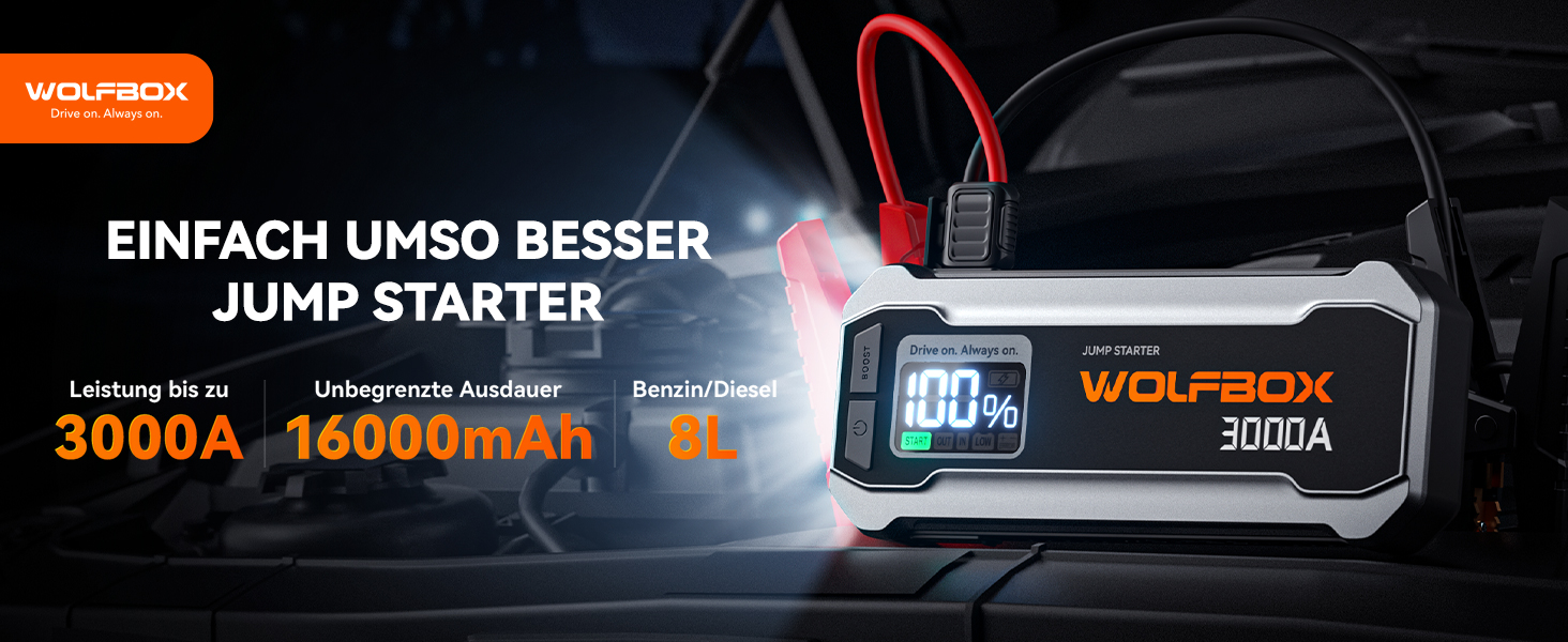 Powerbank WOLFBOX для запуску авто: 12V, 3000A, LED-ліхтар, для SUV, LKW, мотоциклів