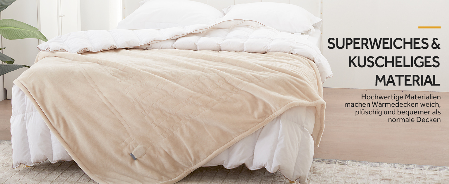 Електрична ковдра Warmrest з фланелі, 130x180 см, 6 температурних режимів, таймер 1-10 годин, автовимкнення та захист від перегріву, можна прати, бежева