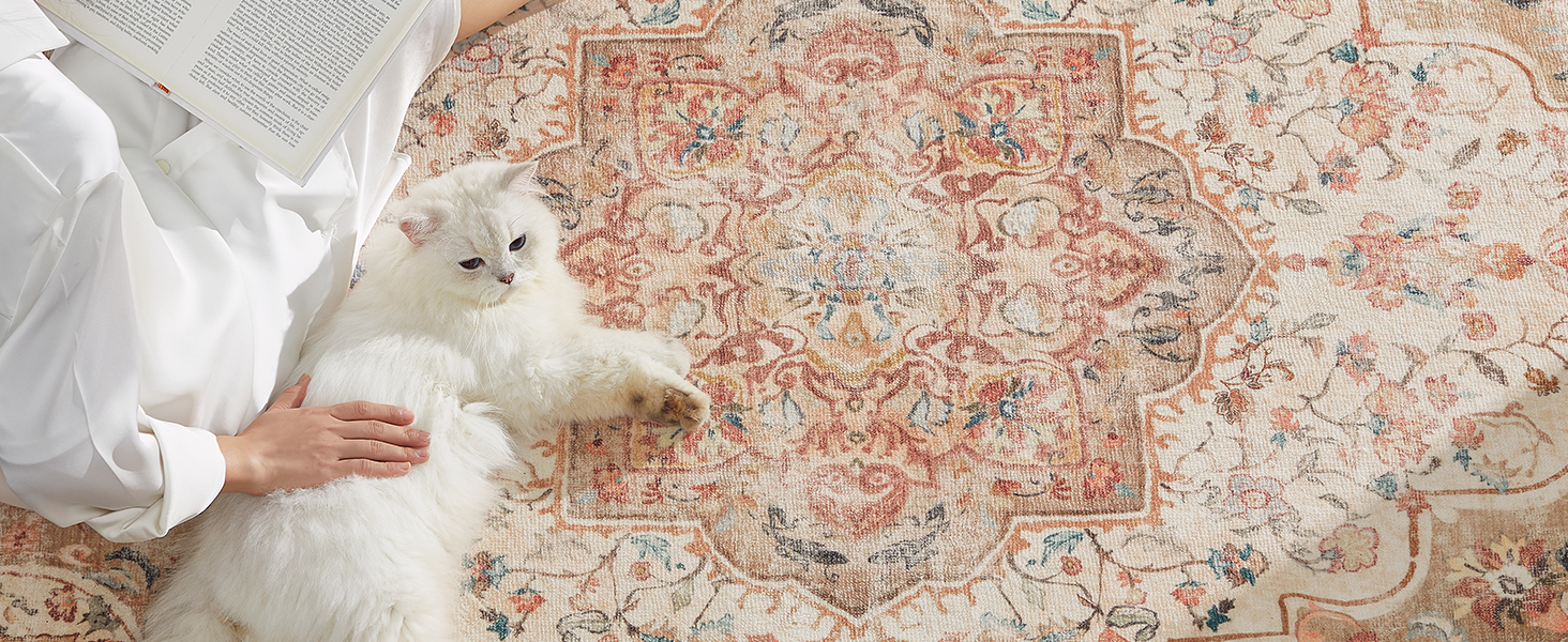 Килимок SONGMICS HOME Vintage, 120x170 см, для вітальні, спальні, кухні, коридору, їдальні, миючий, з антиковзаючим покриттям, TAR032G01 (Cappuccinobeige, 200B x 290L см)