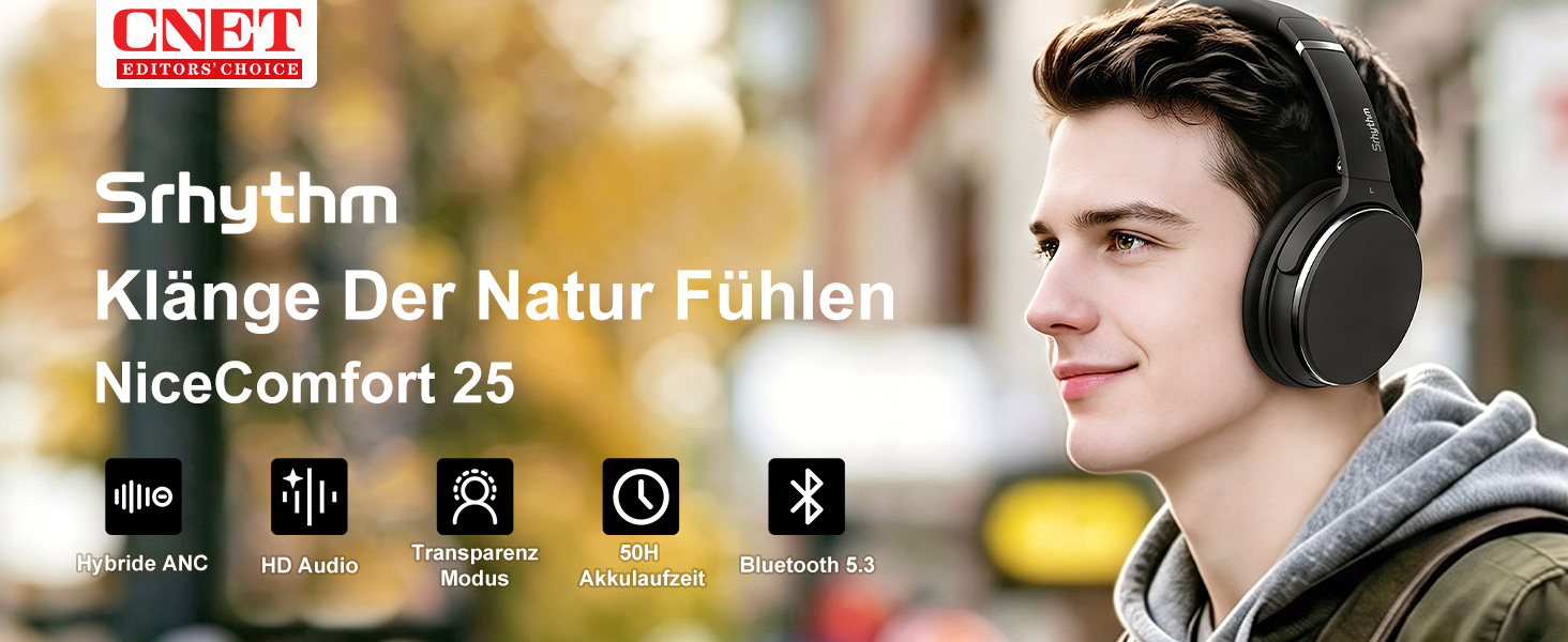 Бездротові навушники з активним шумозаглушенням Srhythm NC25, Bluetooth, Hi-Fi звук, глибокий бас, NFC, вбудований мікрофон, чорні