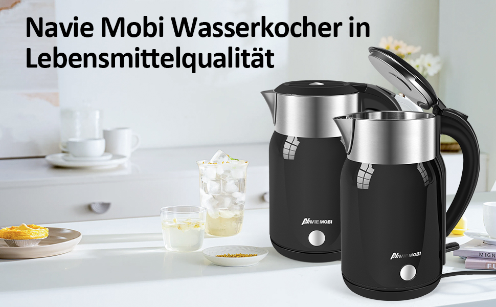 Navie Mobi Stainless Steel Electric Kettle - 1.8L, 2200W Fast Boil, BPA Free, Double Wall, Drip-Free, Auto Shutoff, Quiet & Cordless, SGS Certified, Turquoise Green (Black)