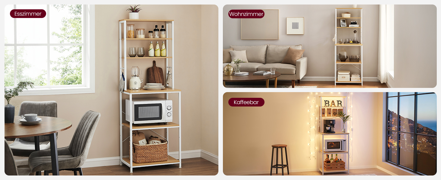 Поличкова стійка VASAGLE для кухні з 6 полицями та гачками, сталевий каркас, горіховий колір + білий, 40 x 60 x 167 см