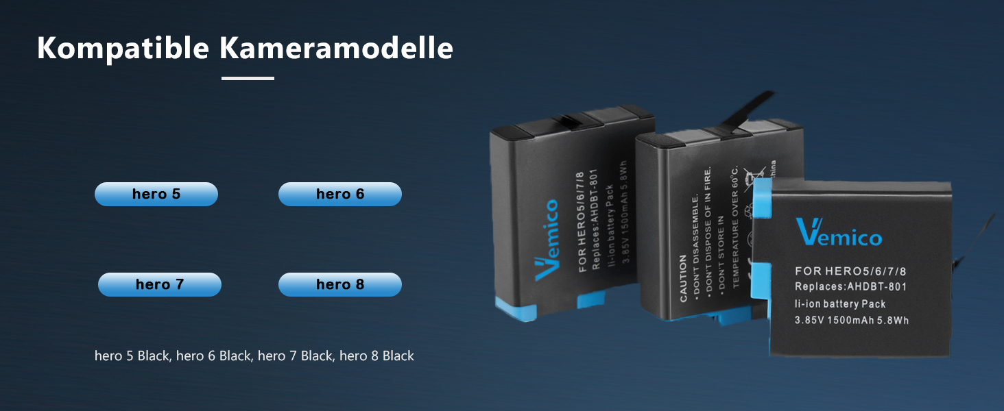 Зарядний комплект Vemico Hero 8: 3 акумулятори 1500 mAh, 3-канальна зарядна станція з Type-C USB, захисний ковпачок, сумісний з Hero 8/7/6/5/AHDBT-801