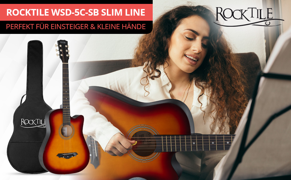 Rocktile WSD-5C-SB: Акустична гітара Westerngitarre Slim Line Dreadnought - Комплект з чохлом, струнами, ременем та медіатором - Sunburst