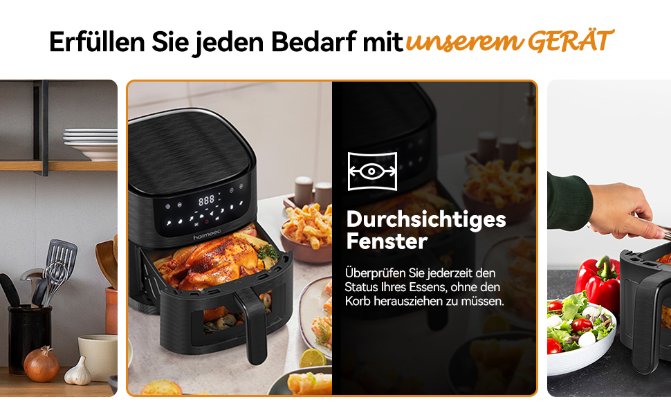 HAIMEEC 6L Air Fryer with Viewing Window - 8-in-1 Oil-Free Fryer, Shake Reminder, Non-Stick Coating, 30-200°C, 78 Recipes, Quiet Operation