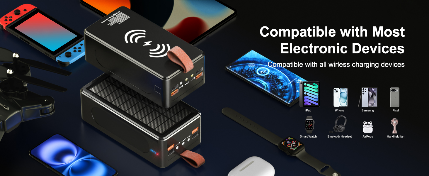 Портативний акумулятор 90000 mAh з сонячною панеллю, PD35W, QC 3.0, Wireless, USB-C, 6 виходів, LED дисплеєм, SOS ліхтарик для подорожей, кемпінгу, відпочинку на природі, чорний