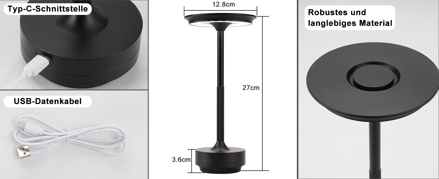 Бездротова настільна лампа - LED лампа на акумуляторі, торшери з сенсорним керуванням, диммуванням, USB зарядкою, 2 шт. (1 шт., чорний)