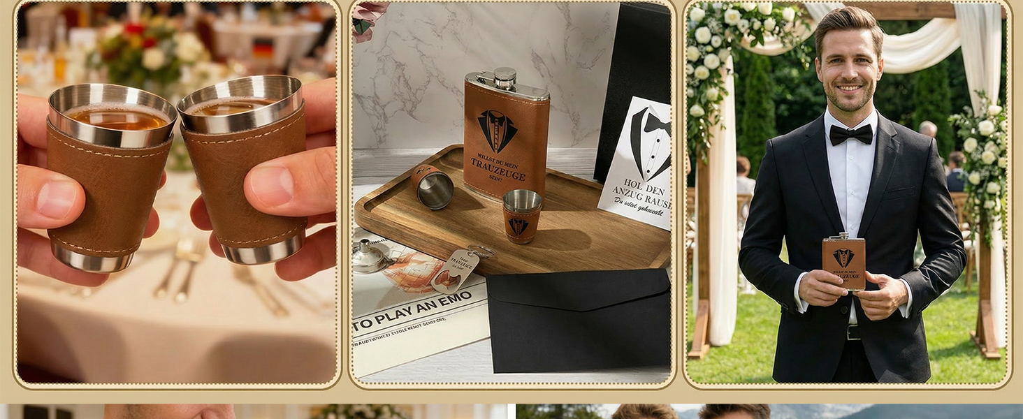 Персоналізований набір фляг 8oz з гравіюванням – фляга з нержавіючої сталі, 4 склянки, воронка та подарункова коробка для друзів нареченого/нареченої, подарунок на весілля для чоловіків та жінок (колір: коричневий)