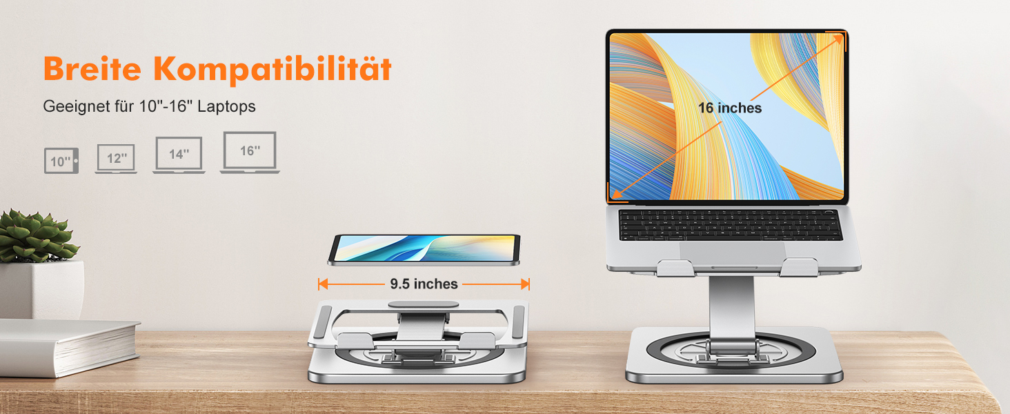 Підставка для ноутбука з поворотним столом 360°, регульована, алюміній, ергономічна, з вентилятором, складна, для MacBook Air/Pro (10-16')