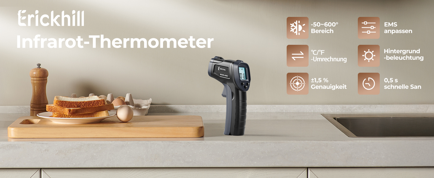 Інфрачервоний термометр ERICKHILL -50℃~600℃ безконтактний лазерний пістолет для вимірювання температури з LCD-дисплеєм, регульованою емісією - для приготування їжі/барбекю/морозильної камери/промисловості, чорний/синій, 600℃, базова версія
