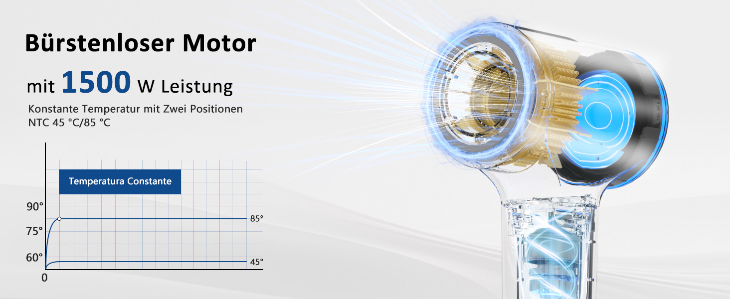 Föhn Ionen Supersonic Hair Dryer: 200 Million Negative Ion Hair Dryer with Quiet, Fast 110,000 RPM Motor, 57dB, Intelligent Thermostat for Travel - Dark Gray