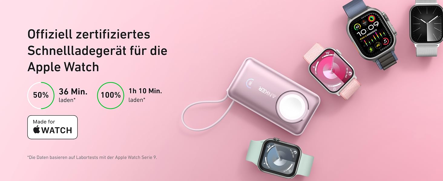 Повербанк Anker MagGo 10000mAh для Apple Watch та iPhone 17/16/15, Samsung, iPad, AirPods, вбудований кабель USB-C, 35W Max, сертифікований, Рожевий