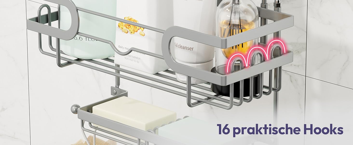 Настінна поличка для душу SWTYMIKI з нержавіючої сталі з 2 кошиками та 2 мильницями, 14 гачків, срібна