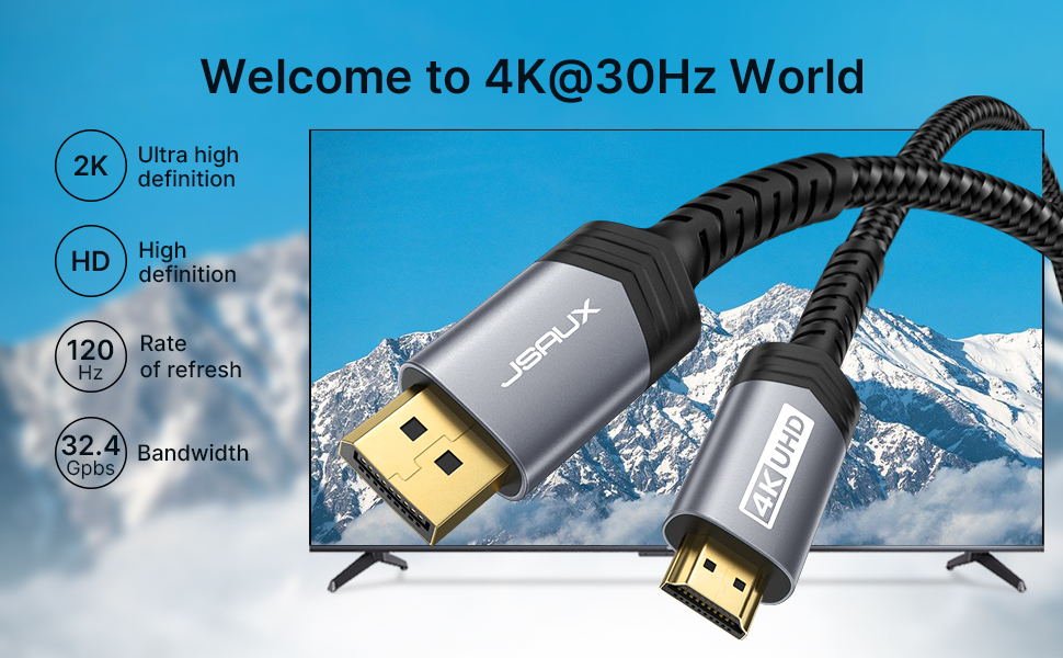 Кабель DisplayPort до HDMI JSAUX 2м, 4K@30Hz, 2K@60Hz, 1080P@120Hz, позолочений, обплетення, алюмінієва оболонка, для комп'ютерів Lenovo, HP, Dell, AMD, NVIDIA