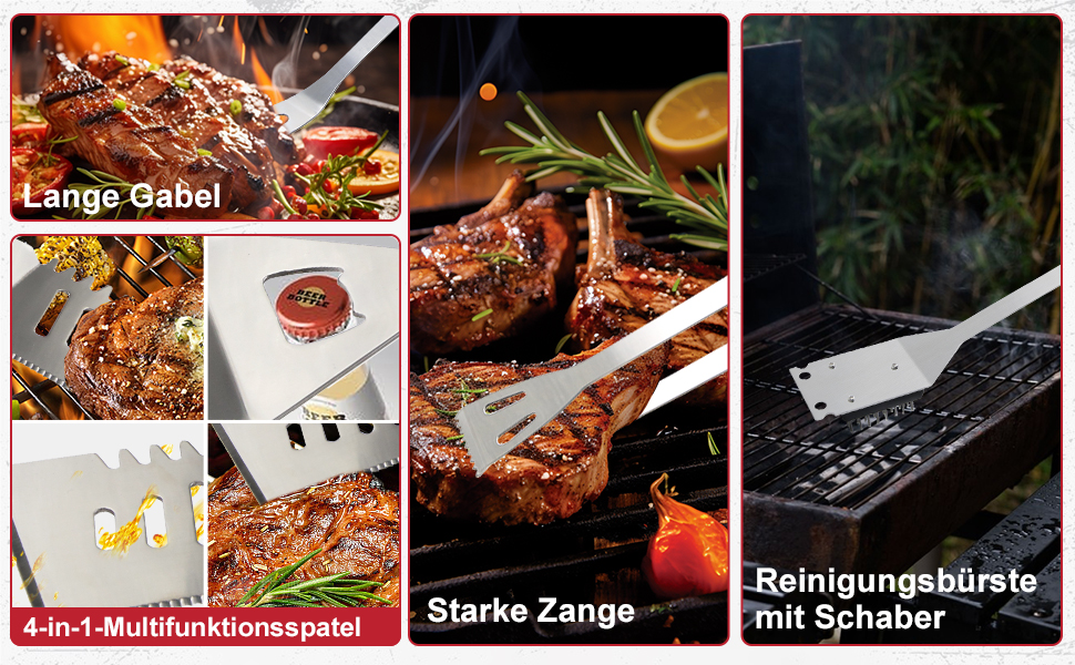 Набір гриль-посуду 11 предметів, 34 см, нержавіюча сталь. Комплектація: щипці, виделка, кейс. Практичний багатофункціональний набір для барбекю, подарунок для чоловіків (срібний)