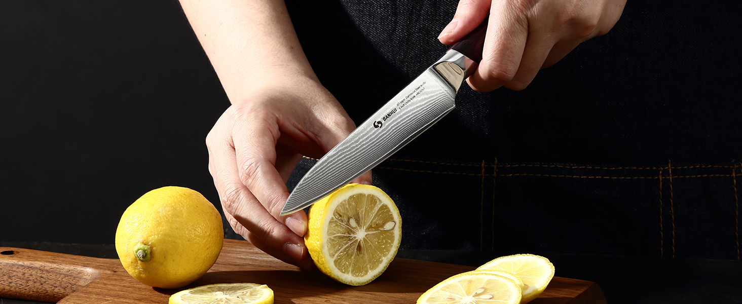 Набір кухонних ножів Sanhui Damast: 3 ножі з дамаської сталі з ручками з паккавуда. Професійний набір ножів у подарунковій коробці - ідеальний для професійних та аматорських кухарів.