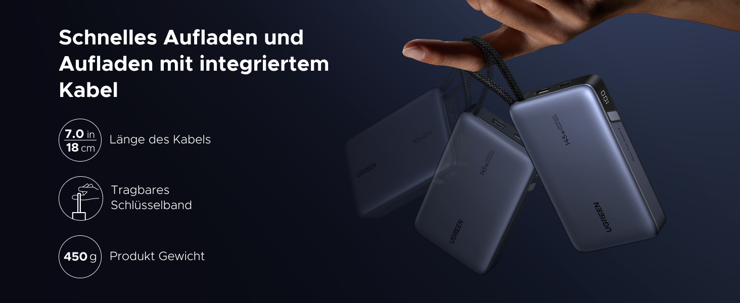 Power Bank UGREEN Nexode 20000mAh 145W з USB-C кабелем, для ноутбуків та смартфонів (Samsung, iPhone, Dell)