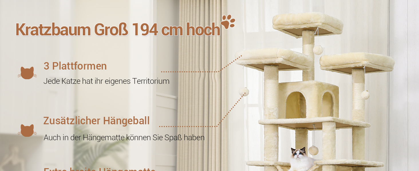 Дім-гойдалка для котів MSmask Kratzbaum Beige 194 см з 3 платформами, 2 печерами та гамаком
