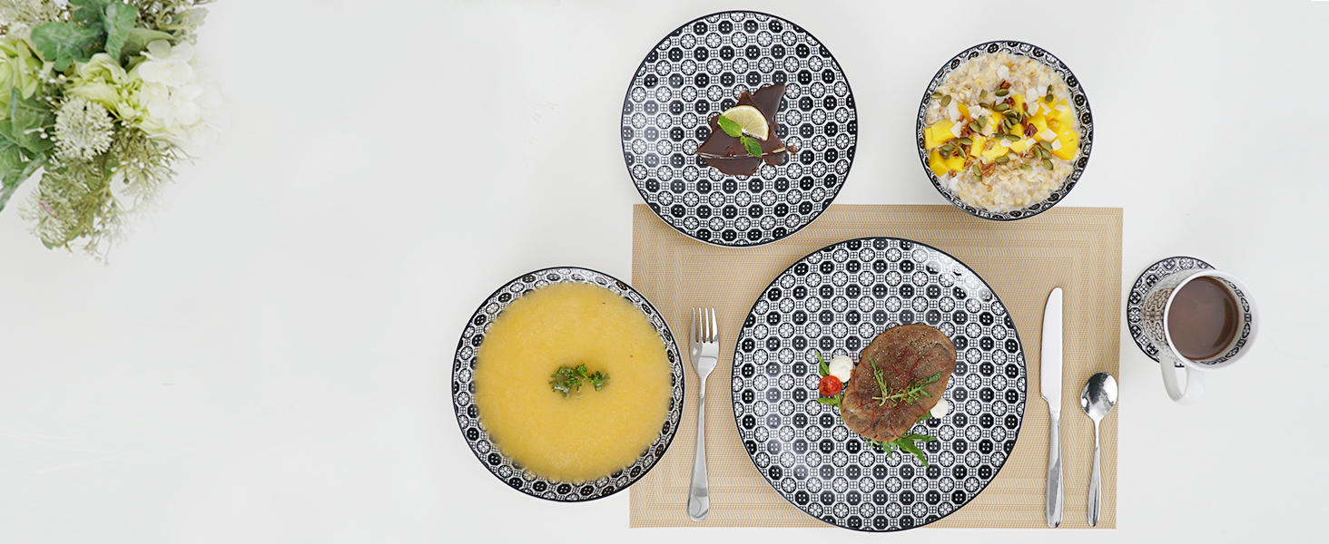 Набір тарілок Vancasso Haruka: 4 супові тарілки з порцеляни, Ø 21 см, 700 мл, чорний + кремовий