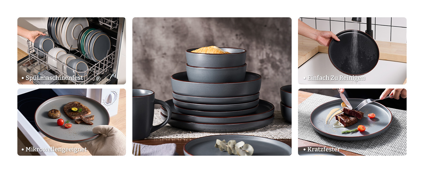 Набір посуду Mercury, 12 предметів: тарілки, супові миски, десертні тарілки, для 4 осіб, з каменю, мікрохвильова піч та посудомийна машина, сірий колір