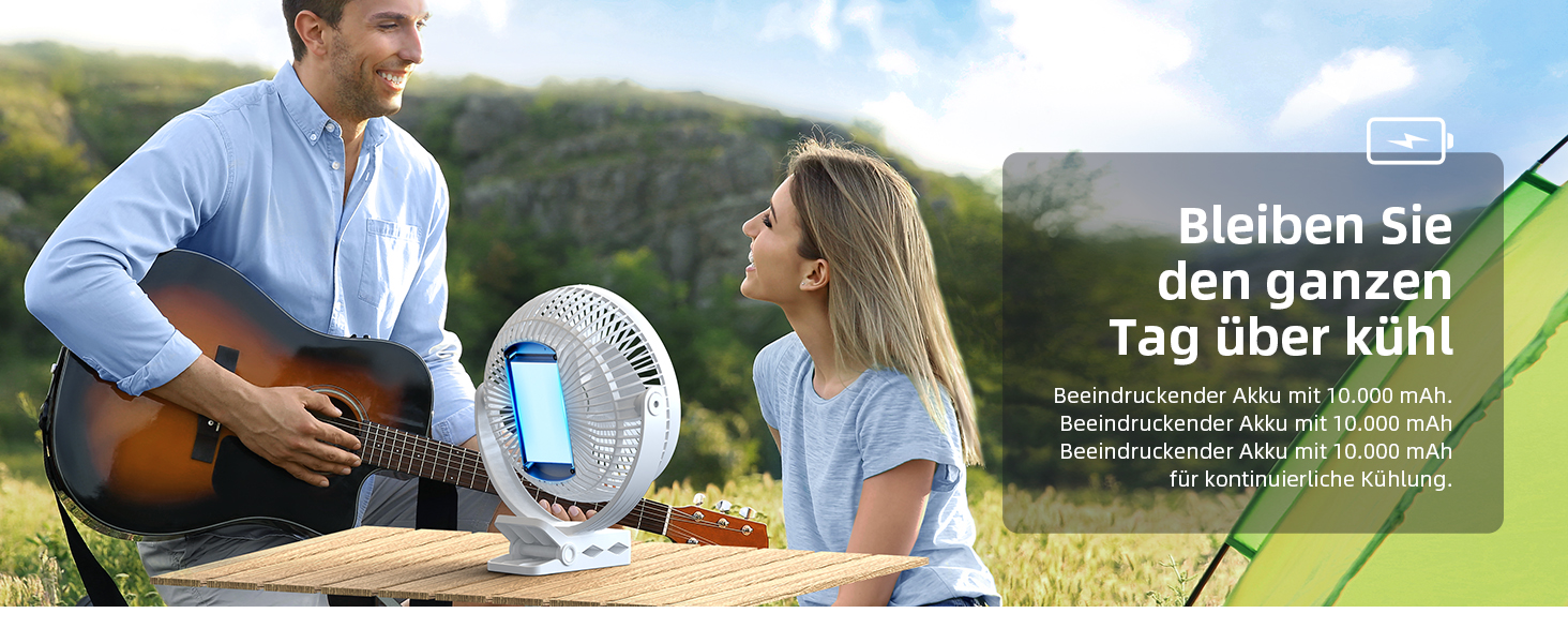 Вентилятор Koonie 10000 mAh з кліпсою, 20 см, портативний USB, акумуляторний, 4 швидкості, 360° оберт, тихий, для дому, офісу, дитячої коляски, кемпінгу, гроубокса (білий)