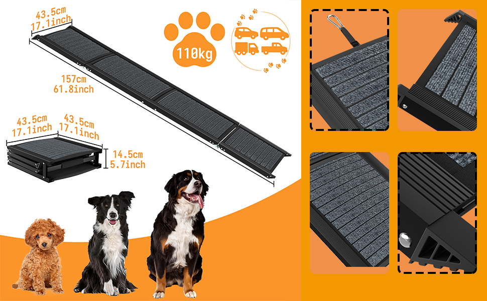 Рампа для собак у автомобіль Aufun 157x44 см, складна, з антиковзким покриттям, для великих та середніх собак до 110 кг