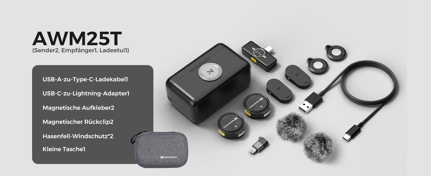 NearStream Бездротовий петличний мікрофон для iPhone/Android, AWM25T, Lightning/USB-C, шумозаглушення, 24 години роботи, для стрімінгу, влогів, подкастів