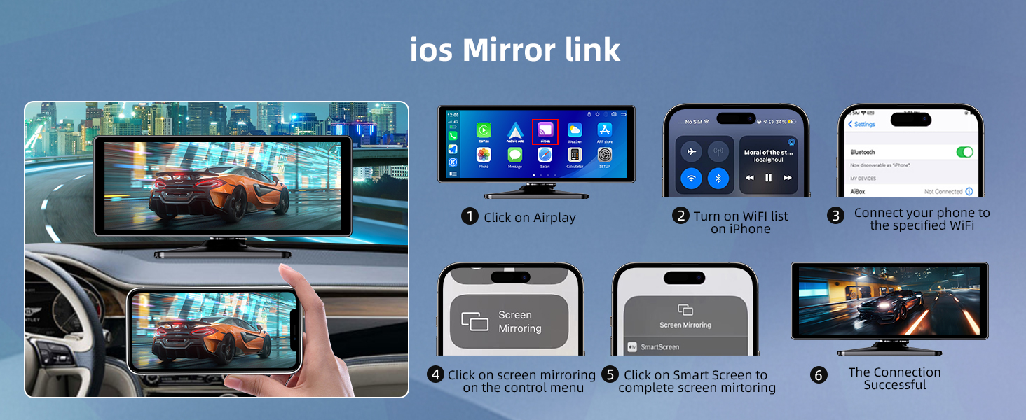 10.26-дюймовий бездротовий дисплей CarPlay/Android Auto для авто з 4K відеореєстратором, 1080P камерою заднього виду, GPS, Bluetooth, FM, 64 ГБ, підтримка Siri/Google Assistant, Mirror Link