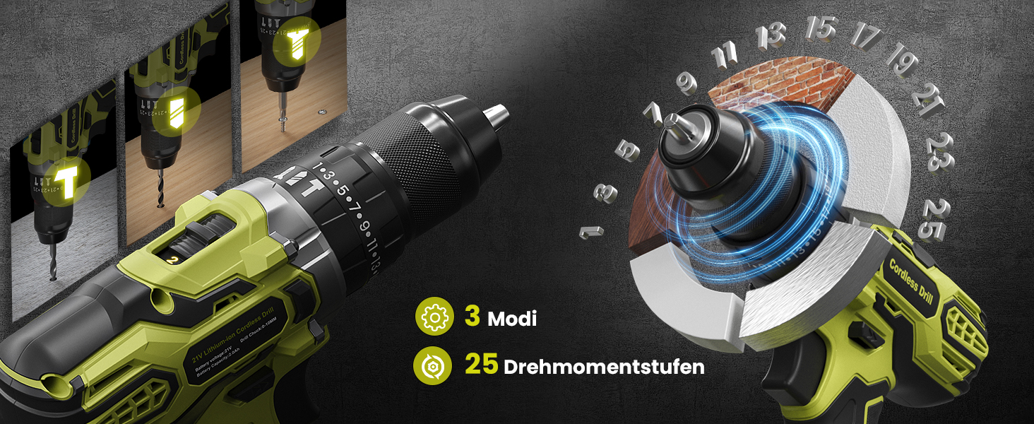 Акумуляторний дриль-шуруповерт 21V з 2 акумуляторами 2000mAh, 45Nm, 2 швидкості, 25+3 ступені крутного моменту, патрон 10мм, 27 предметний набір та кейс для дому та DIY