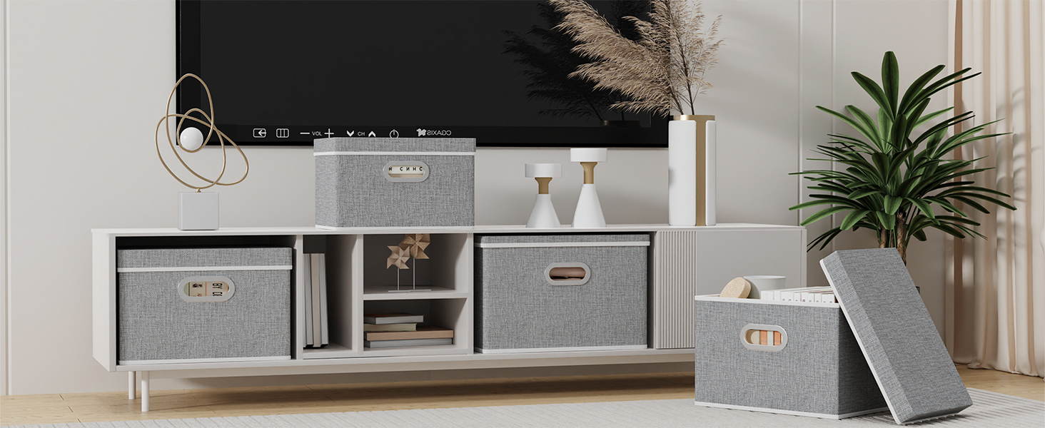 Yawinhe 3-Piece Storage Boxes with Lids, Foldable Fabric Storage Box with Handles, Storage Boxes, for Bedroom, Clothes Storage, 32x23x20cm, Grey, SNK023G-3