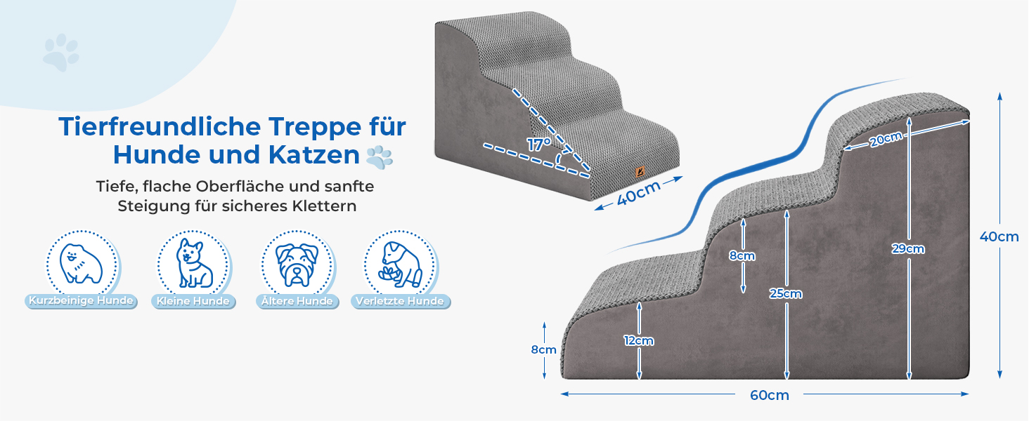 Сходинка для собак маленьких порід, 2 сходинки, 30 см, для домашніх тварин, миється, не слизька, для котів, для ліжка, дивану, сірого кольору